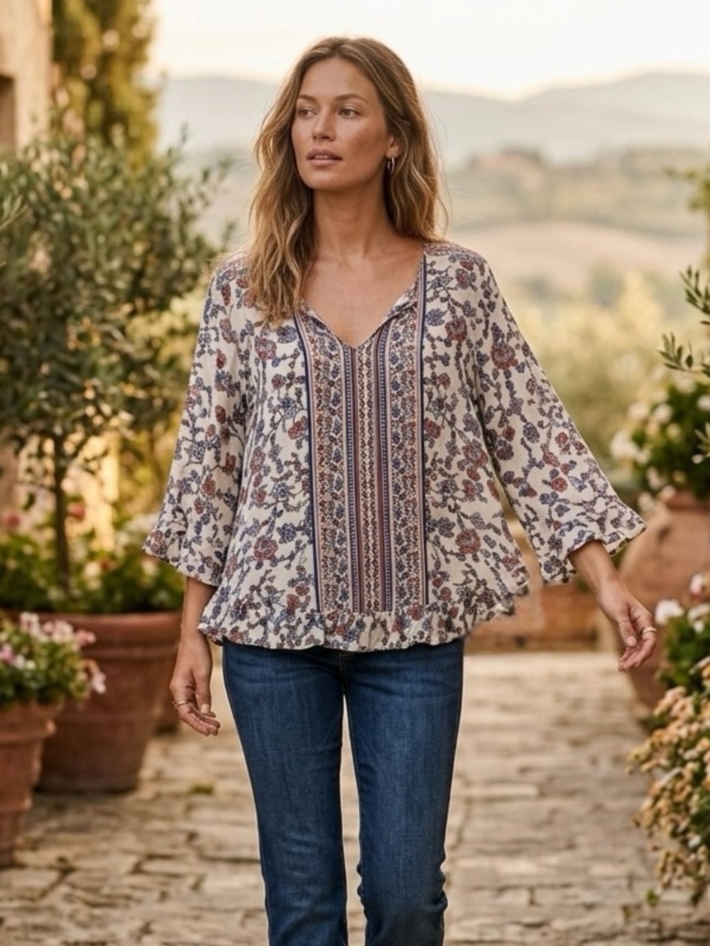 Rose & Thyme Floral Boho Cottagecore Peasant Blouse Ruffle Hem V Neck Hippie M